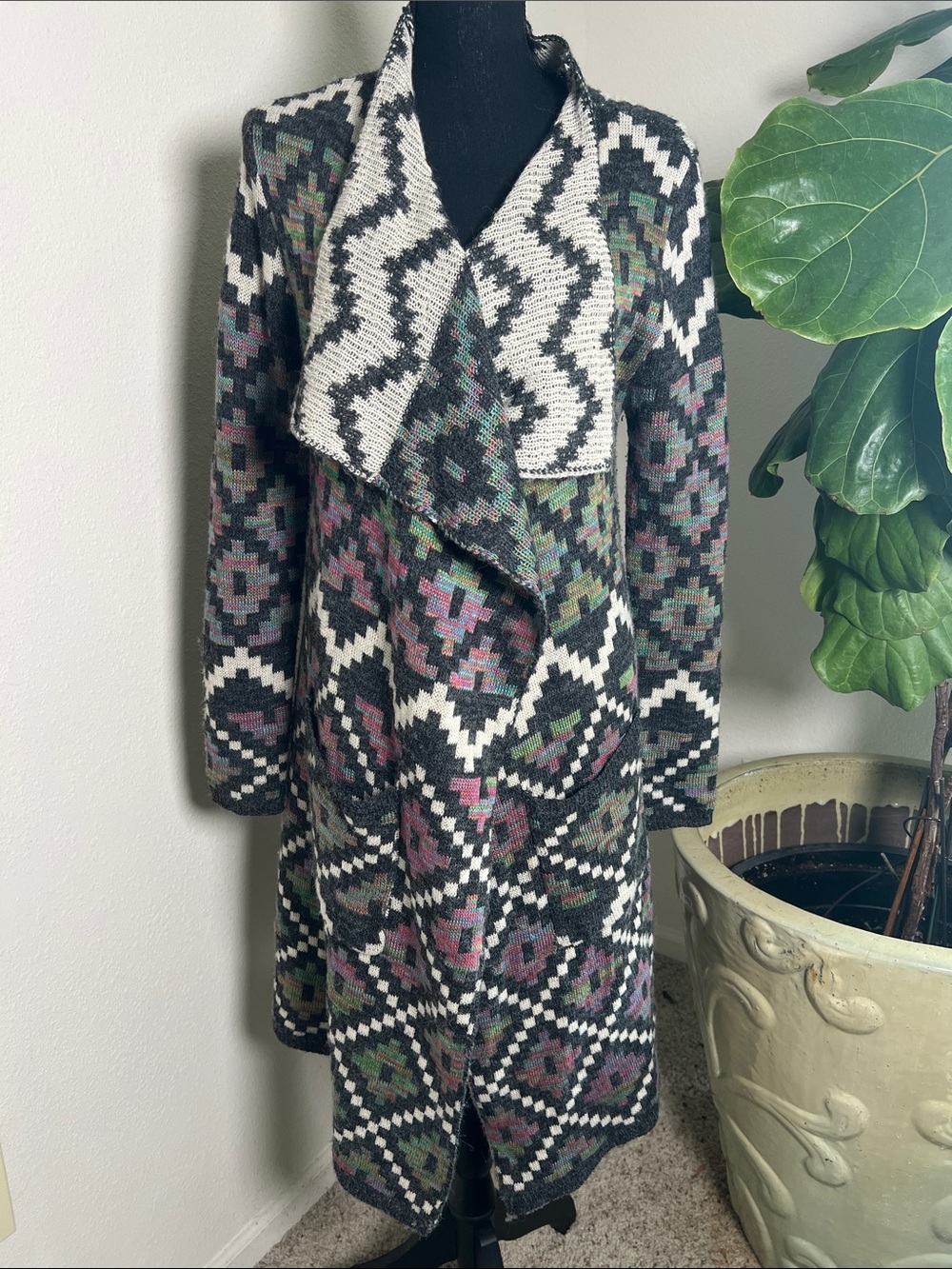 Elan Women’s Aztec Open-Front Knit Cardigan Duster Car Coat Shawl Collar Sweater